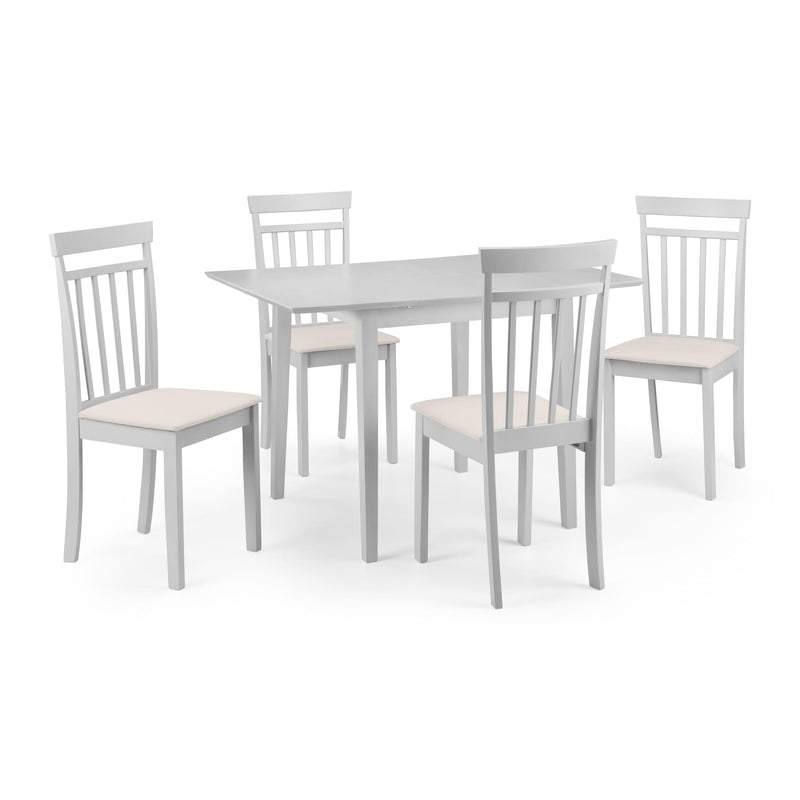 Gray dining table with four matching chairs on a white background