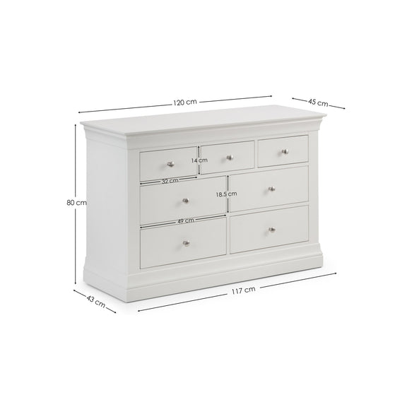 White dresser with dimensions indicated on a white background