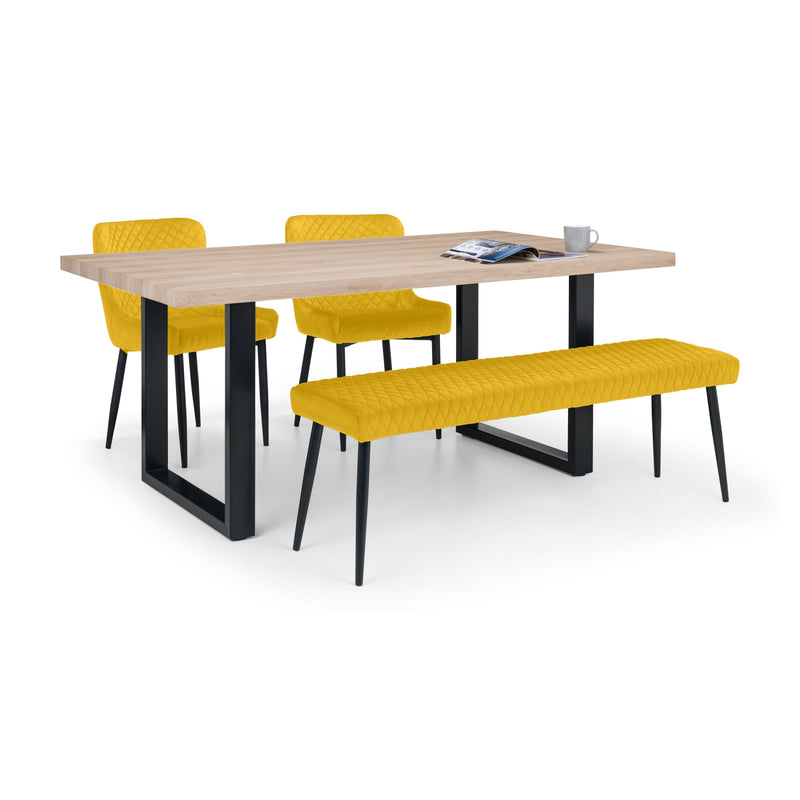 Dining set with a table and four yellow chairs on a white background