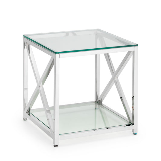 Glass side table with metal frame on a white background