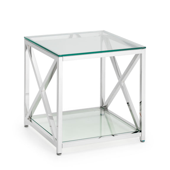 Glass side table with metal frame on a white background