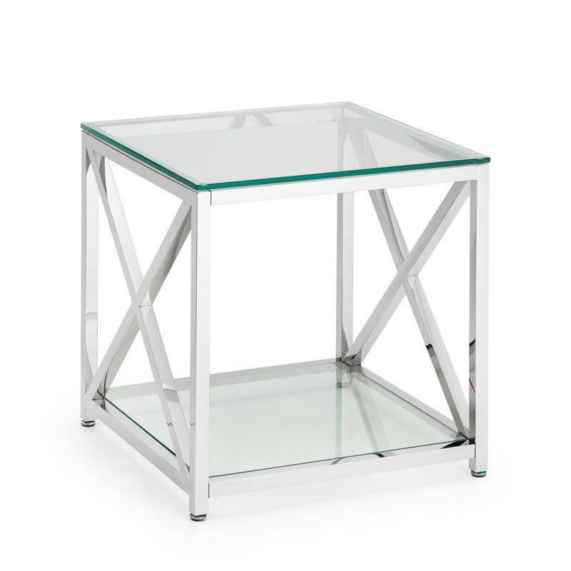 Glass side table with metal frame on a white background