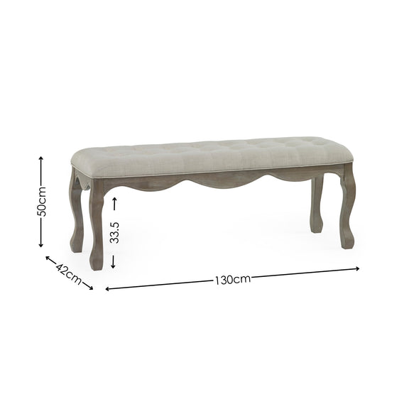 Beige upholstered bench with dimensions on a white background