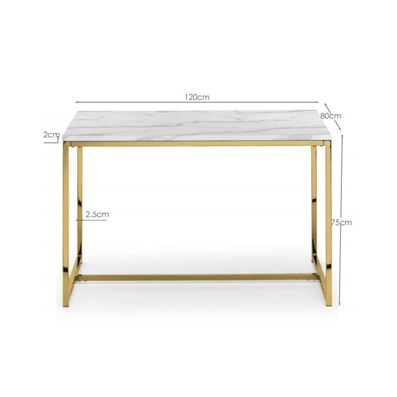 Small table with marble top and gold frame, shown with dimensions on a white background