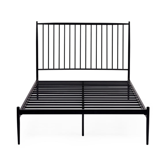 Black metal bed frame on a white background