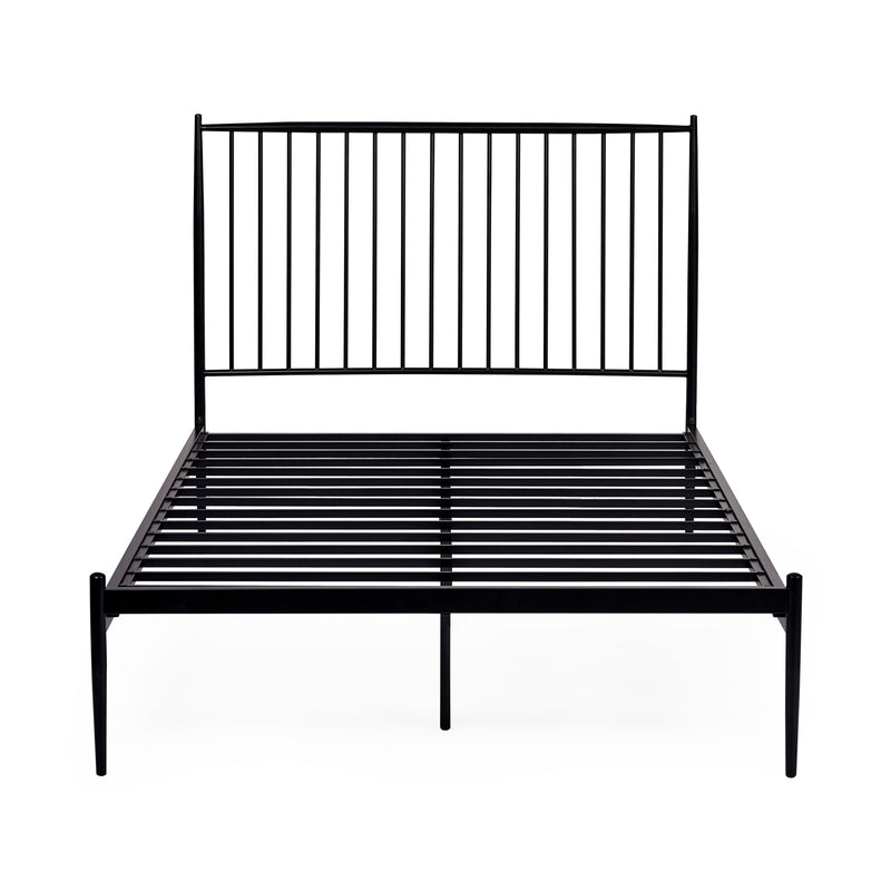 Black metal bed frame on a white background