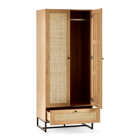 Wooden wardrobe with open doors on a white background