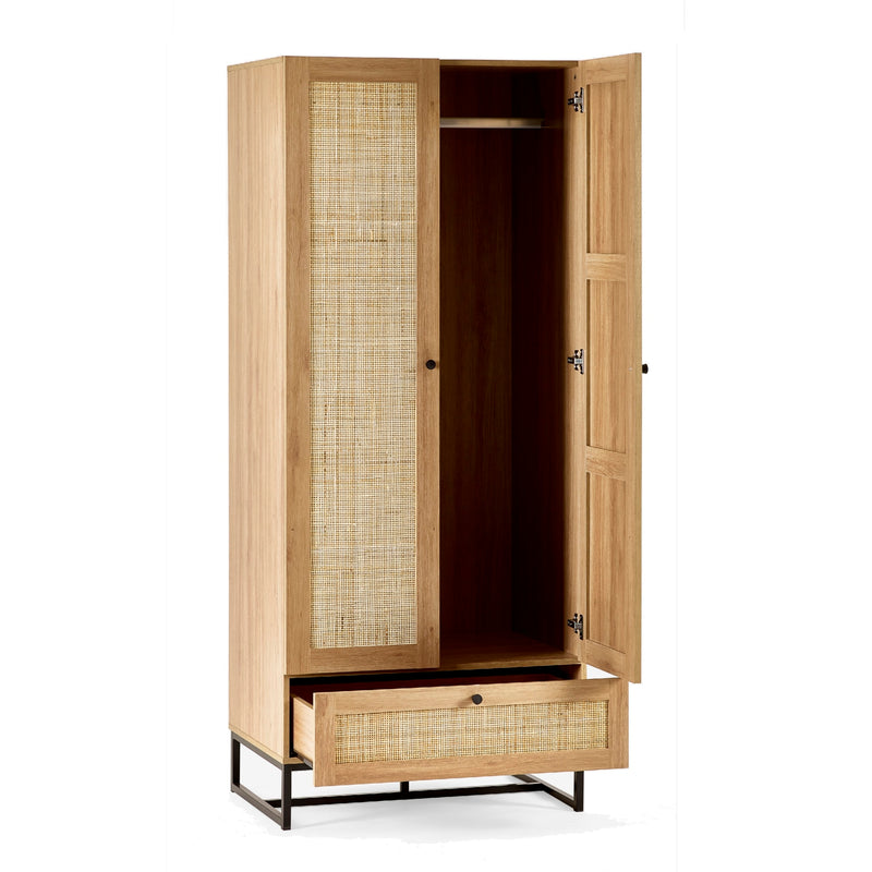 Wooden wardrobe with open doors on a white background