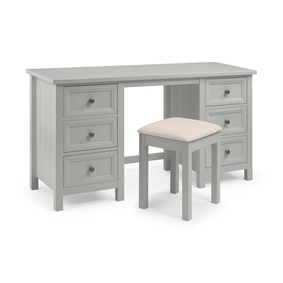 Gray desk with multiple drawers and a matching stool on a white background