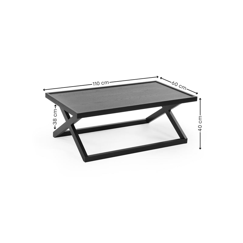 Black coffee table with dimensions labeled on a white background