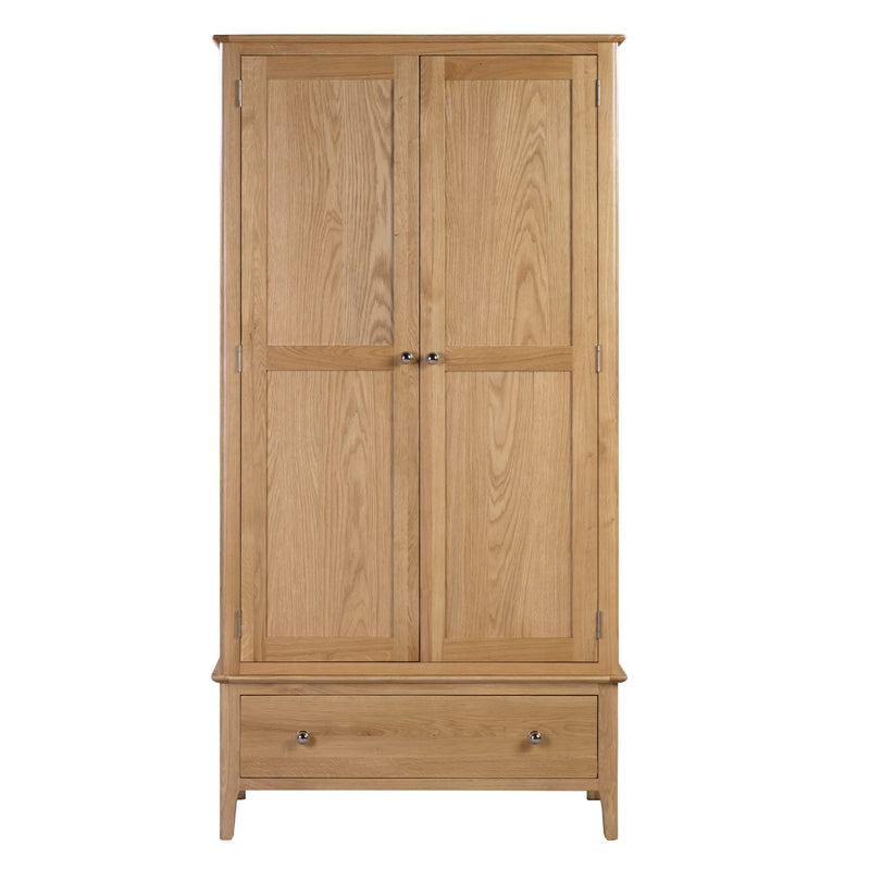Wooden wardrobe with two doors and a drawer on a white background