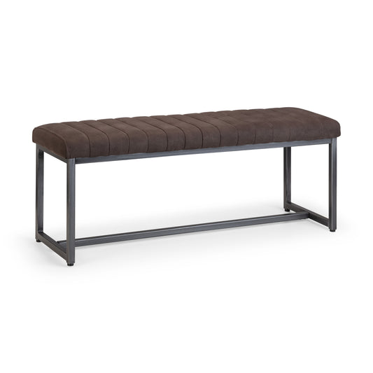 Brown upholstered bench with metal frame on a white background