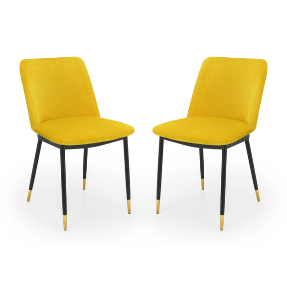 Two yellow chairs with black legs on a white background