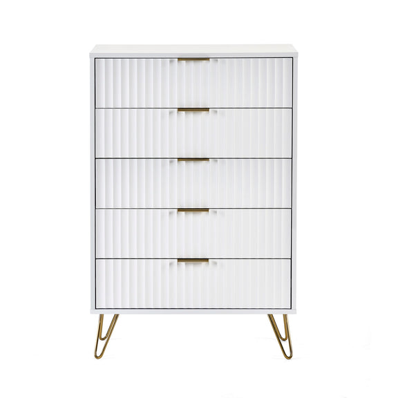 White dresser with gold legs on a white background