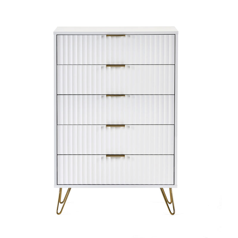 White dresser with gold legs on a white background