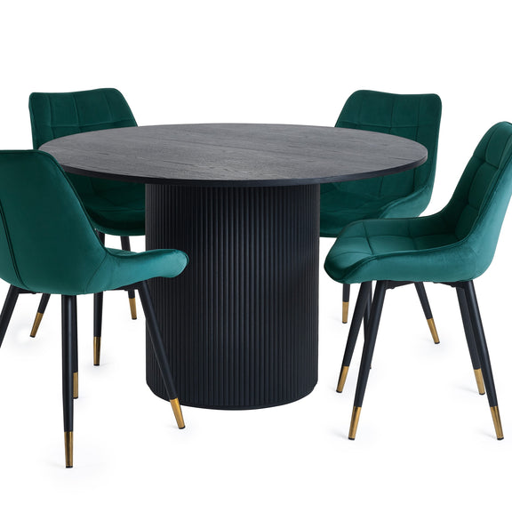 Round dining table with four matching green chairs on a white background