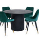 Round dining table with four matching green chairs on a white background