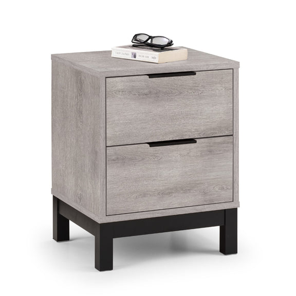 Two-drawer nightstand with a gray wooden finish and black legs on a white background
