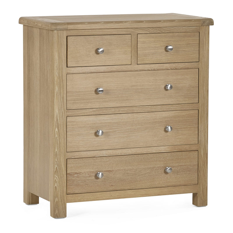 Wooden dresser with five drawers on a white background