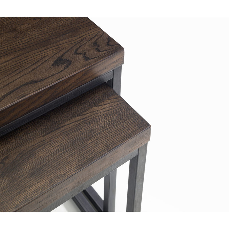 Two wooden tables with metal legs on a white background
