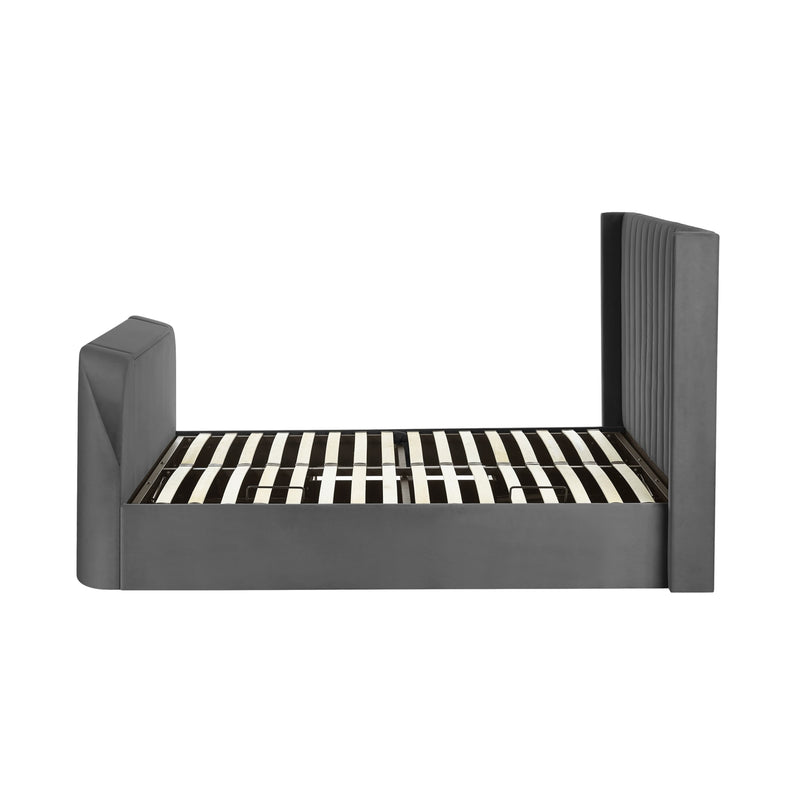 Gray pet bed with striped cushion on a white background