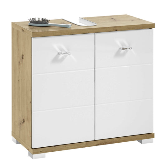 White cabinet with wooden top and sides on a white background