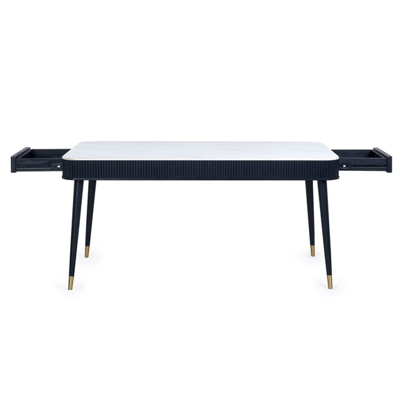 Black desk with white top on a white background
