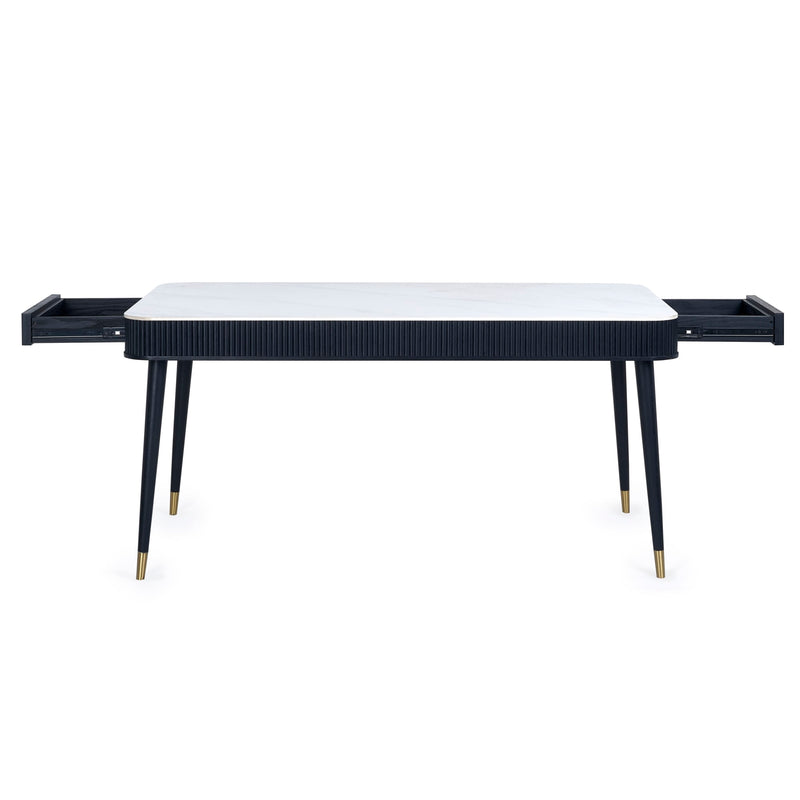 Black desk with white top on a white background