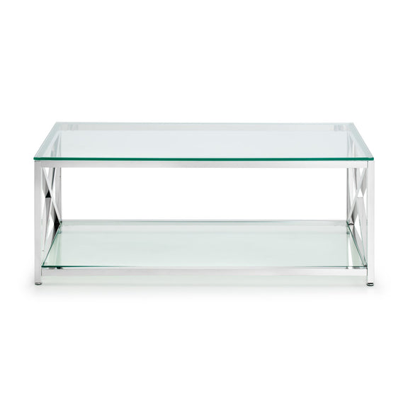 Glass coffee table with metal frame on a white background