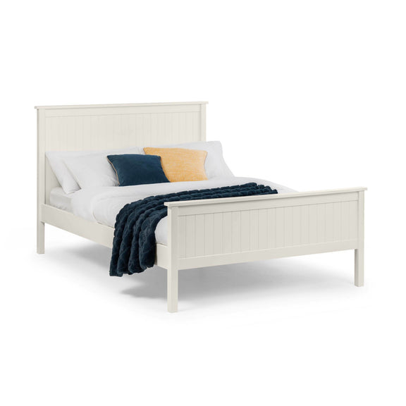 White wooden bed with bedding and pillows on a white background
