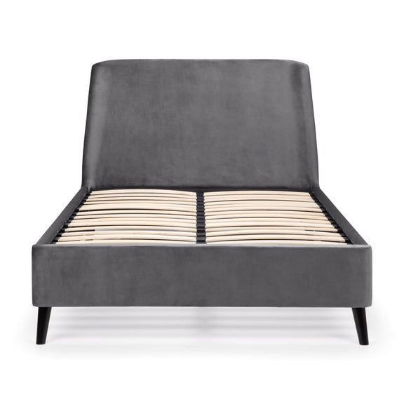 Gray upholstered bed with wooden slats on a white background