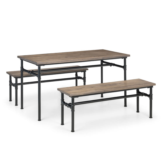 Table and two benches with wooden top and metal frame on a white background
