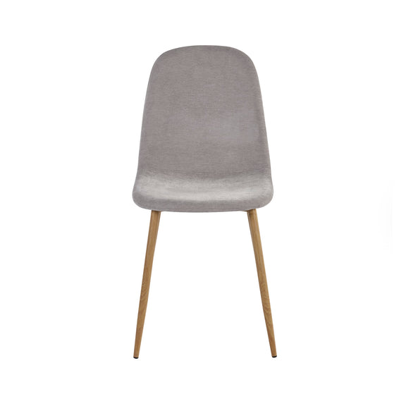 Gray upholstered chair with wooden legs on a white background