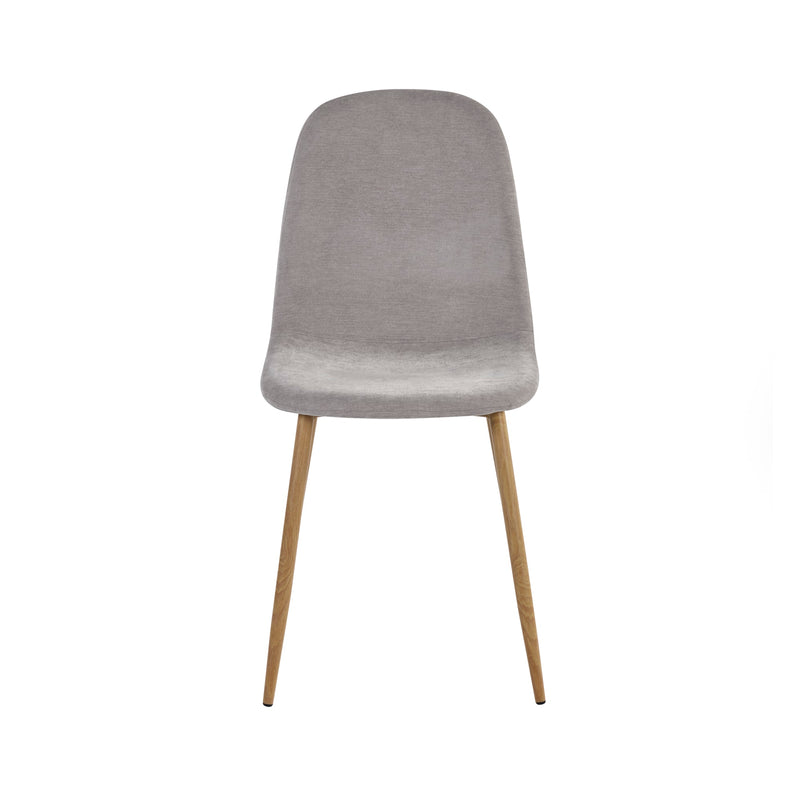 Gray upholstered chair with wooden legs on a white background