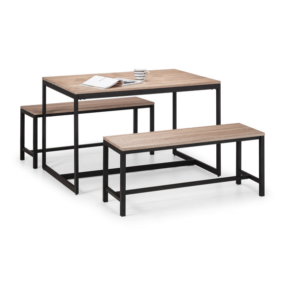 Wooden dining table with two benches on a white background