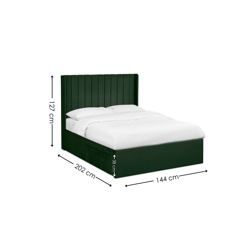 Green bed frame with white bedding and dimensions labeled on a white background