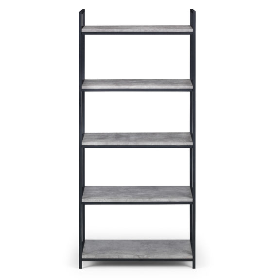 Ladder shelf with gray shelves and black metal frame on a white background