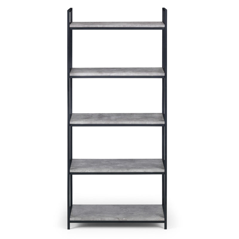 Ladder shelf with gray shelves and black metal frame on a white background