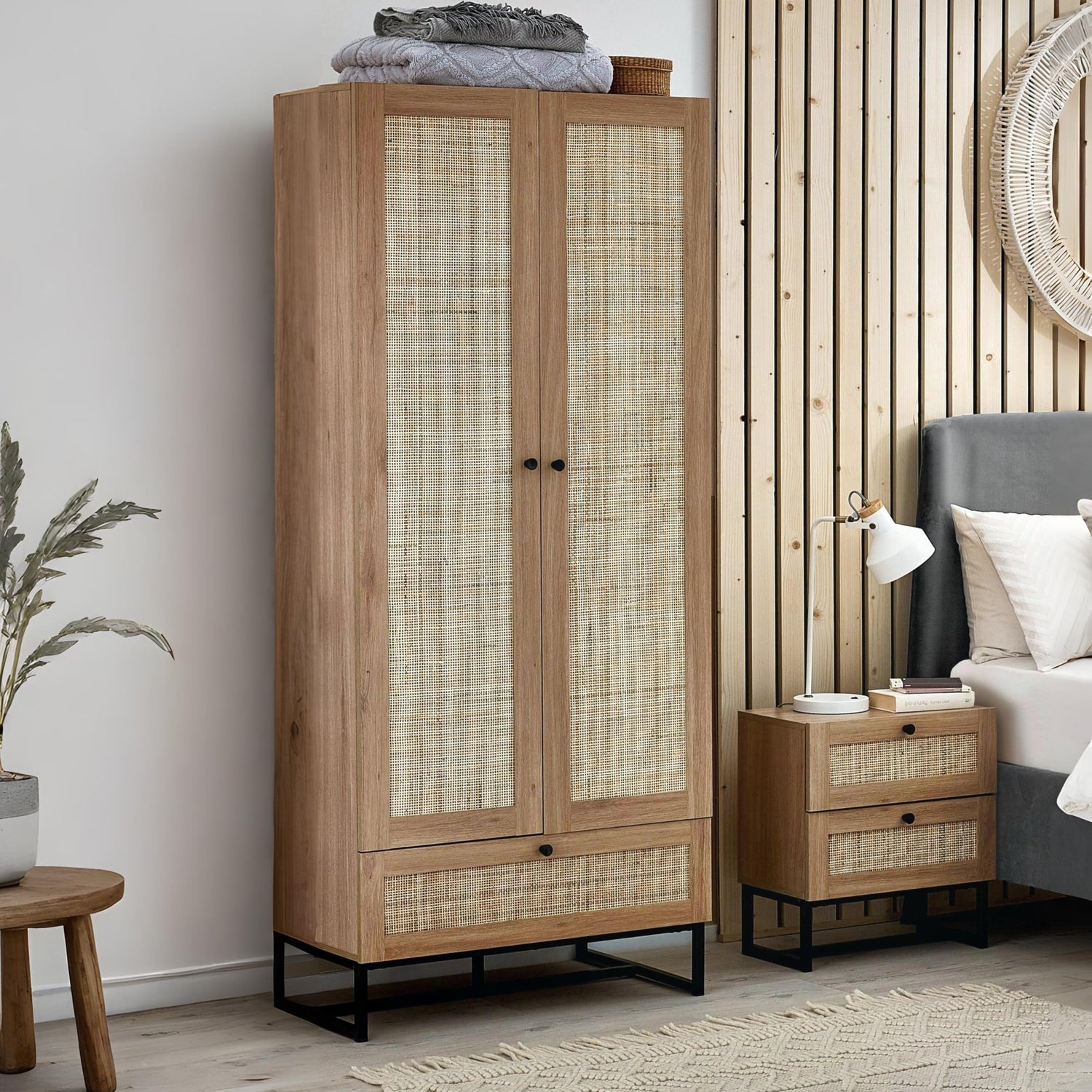 Wooden wardrobe with rattan doors in a bedroom setting