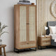 Wooden wardrobe with rattan doors in a bedroom setting