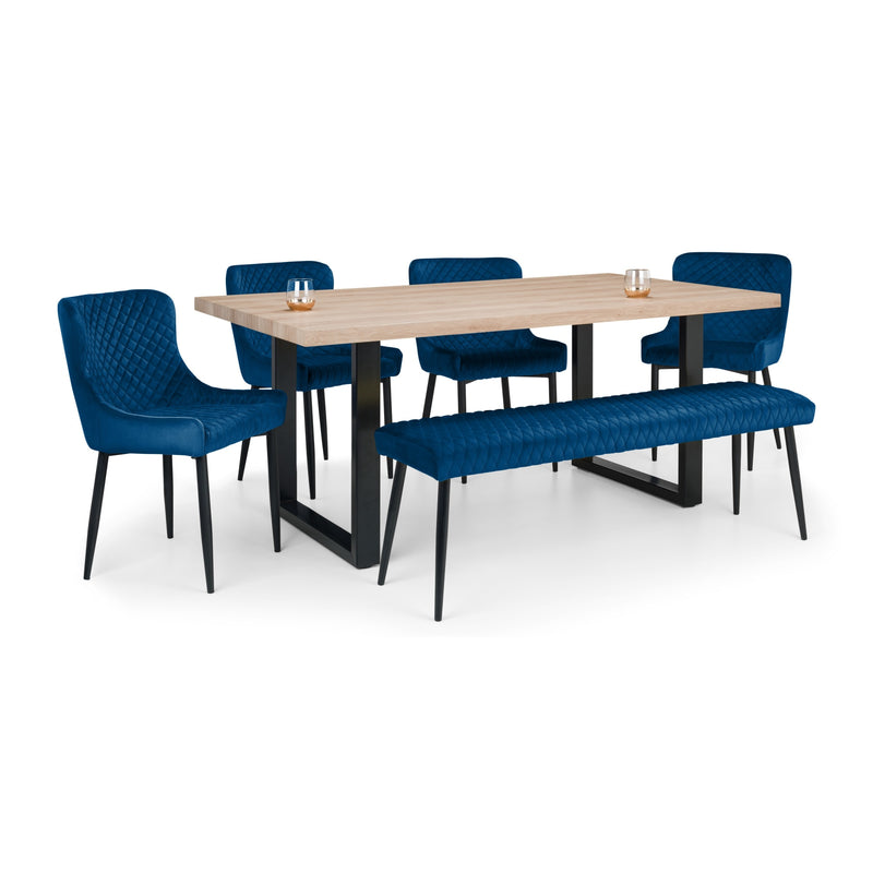 Dining set with a table and blue chairs and bench on a white background