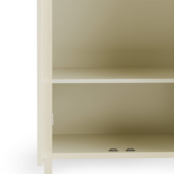 Beige shelving unit with two shelves on a white background