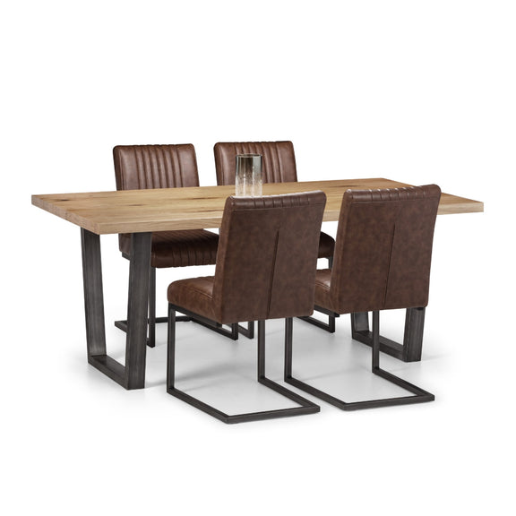 Dining table set with four brown chairs on a white background