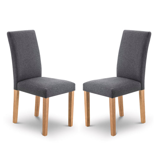 Two gray upholstered chairs with wooden legs on a white background