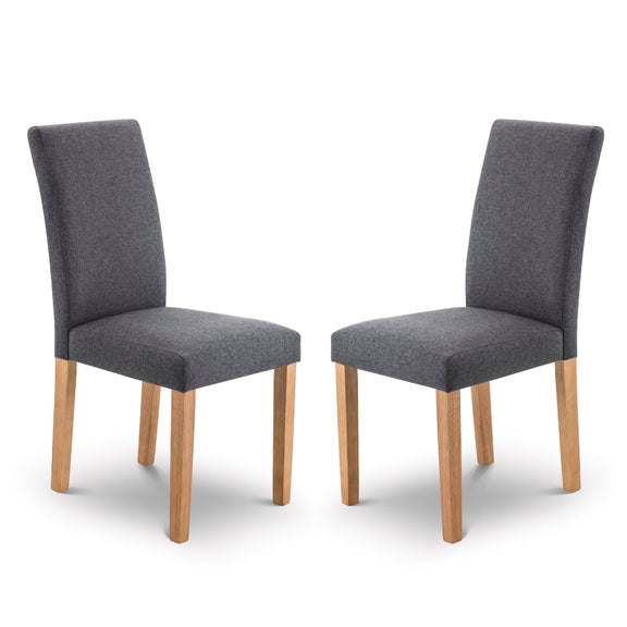 Two gray upholstered chairs with wooden legs on a white background