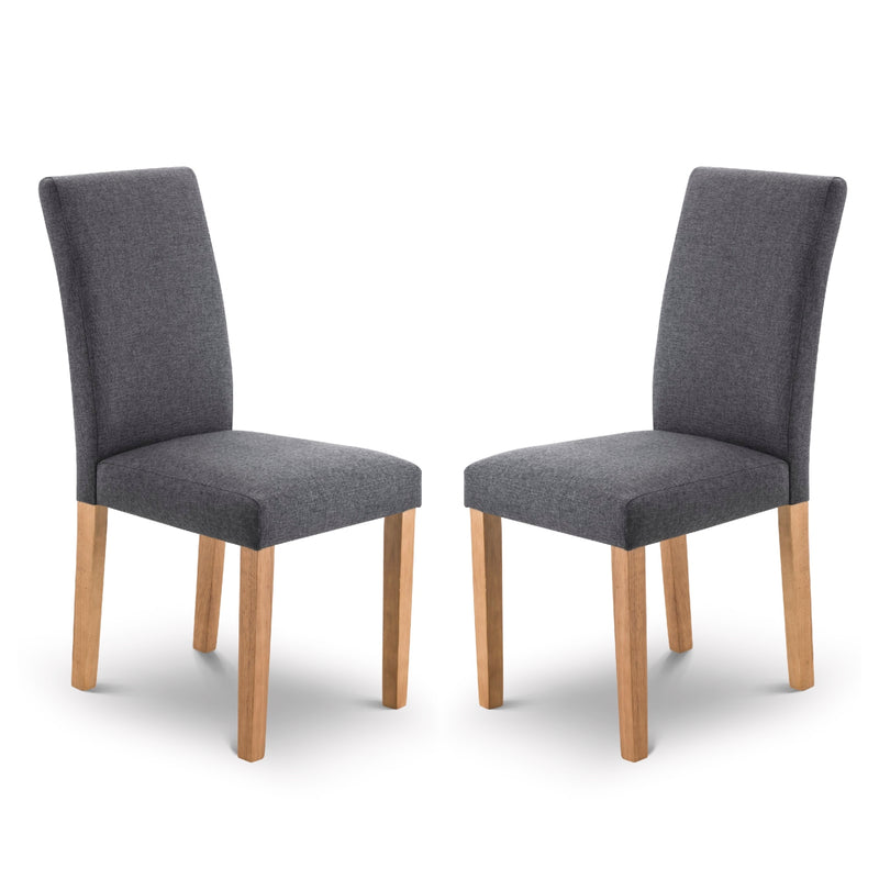 Two gray upholstered chairs with wooden legs on a white background