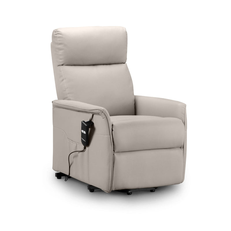 Beige recliner chair with power control on a white background