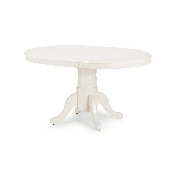 Round white table with a pedestal base on a white background