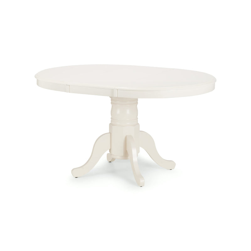 Round white table with a pedestal base on a white background