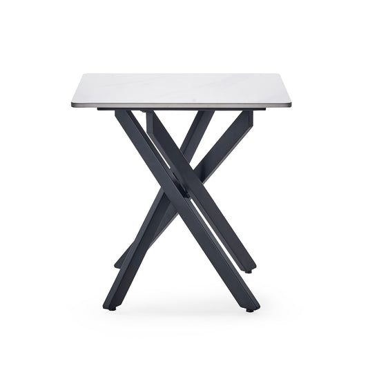 Small table with a white top and dark blue metal legs on a white background